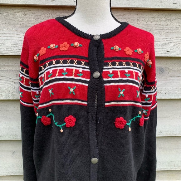 Vintage 90s Red and Black Striped Floral Crochet Crewneck Button Down Sweater - Picture 7 of 16